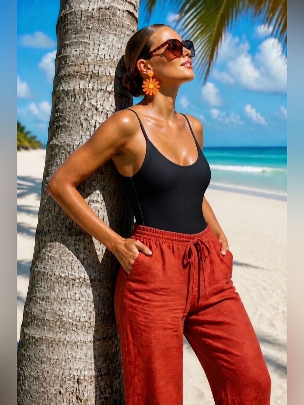 🌻H&M Red Drawstring Linen blend Pants - Picture 2 of 13